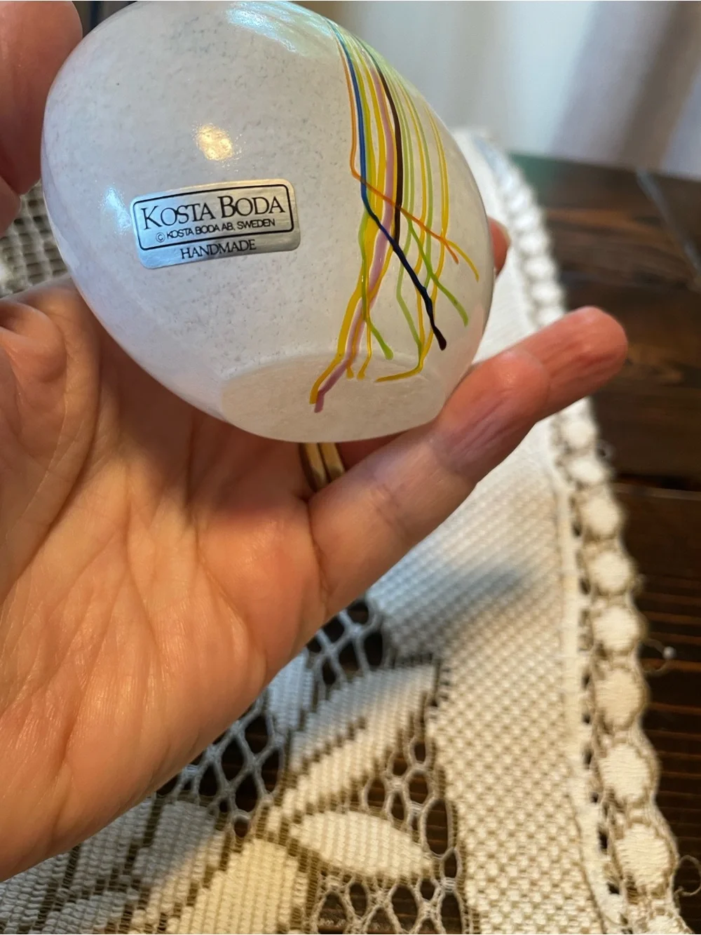 Kosta Boda White Glass Vase with Yellow and Blue Stripe Accents